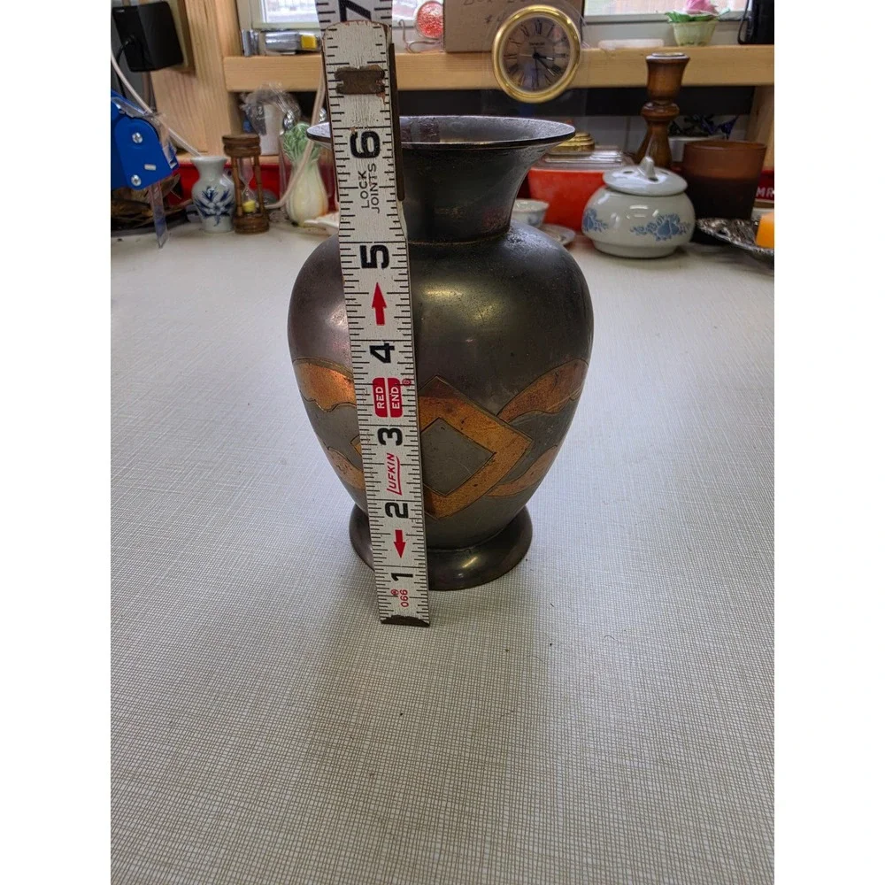 Vintage Art Deco Mixed Metal Vase Copper Brass Inlay Geometric Patinated 6.25in